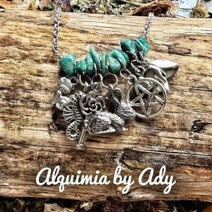 silver  statement multiple charms with green amazonite necklace